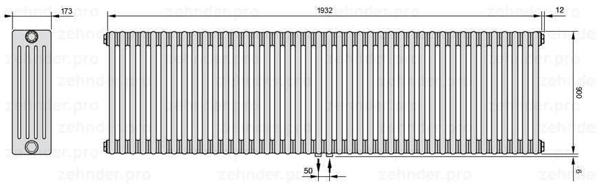 Схема (чертеж) Радиатор Zehnder Charleston 5090/42 №5410 Белый глянцевый RAL 9016